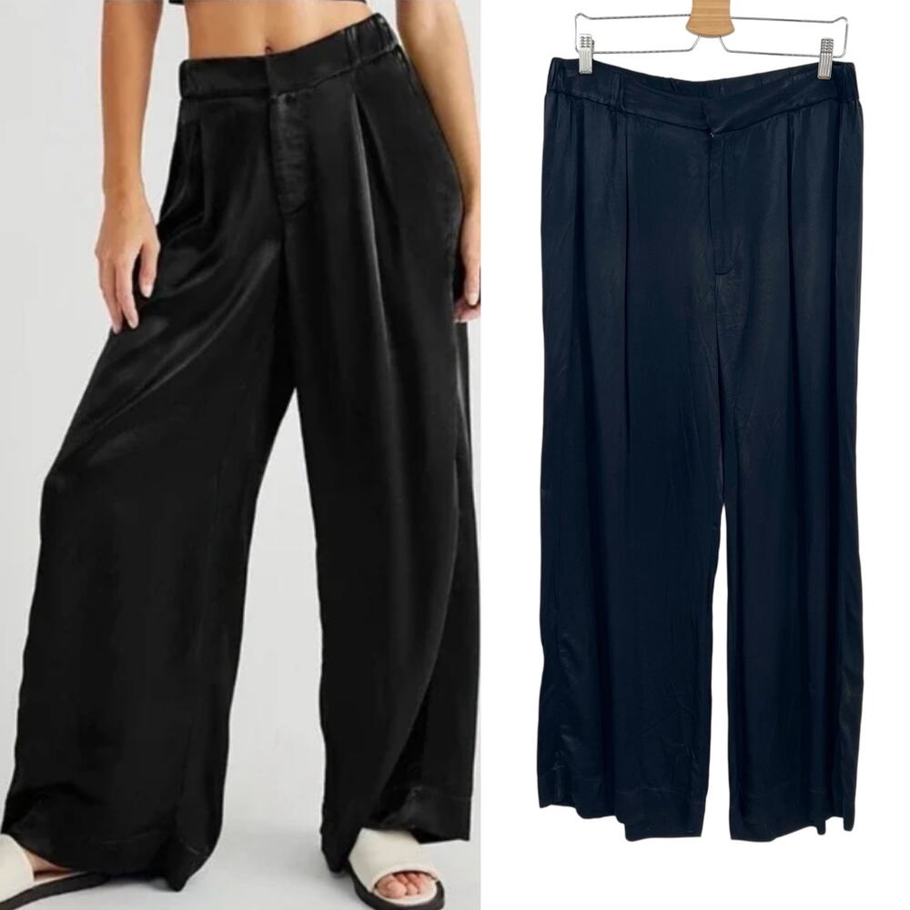 Free People Good Days Satin Trousers Pants Wide Leg Black Size Large